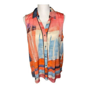 SIMPLY VERA VERA WANG Women’s Large Blouse‎ Button Front Abstract V-Neck Spring